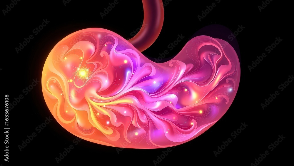 Obraz premium An illustration of a human stomach with abstract pink and orange patterns inside on black background