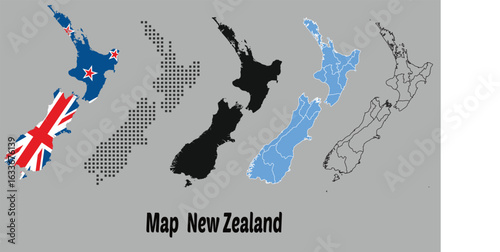 New zealand map in various style outline, black, blue, and dotted,New Zealand detailed map with flag of country. vectoe illustration