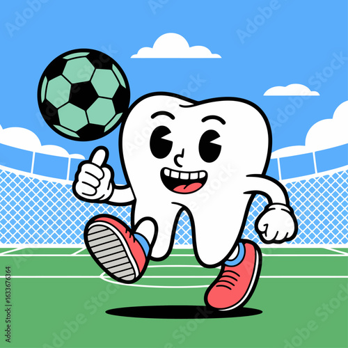 cute cartoon tooth playing soccer with thumbs up on football field, fun dental mascot promoting oral health for kids