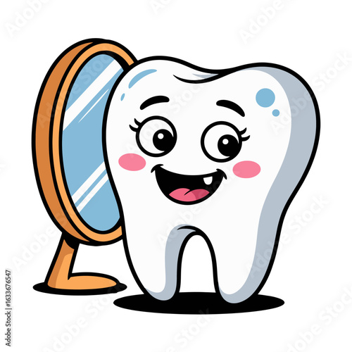 cute cartoon tooth character with mirror, dental hygiene concept, happy tooth illustration, isolated on white background
