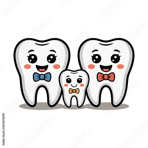 Cute cartoon family of three smiling teeth wearing bow ties illustration