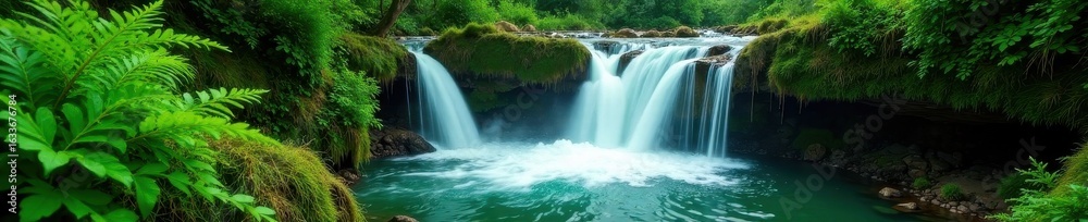 Fototapeta premium Emerald cascades tumble over mossy rocks, ferns unfurl , water, forest, stream