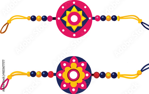Two colorful rakhi bracelets with intricate designs and beads for raksha bandhan celebration