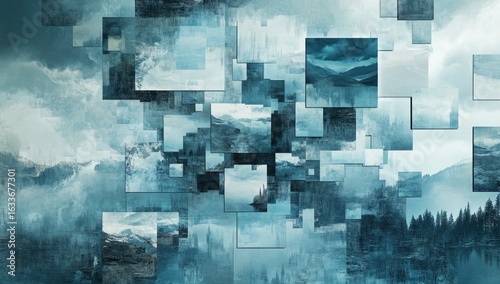 Abstract rendition of mountainous landscape featuring dispersed shapes