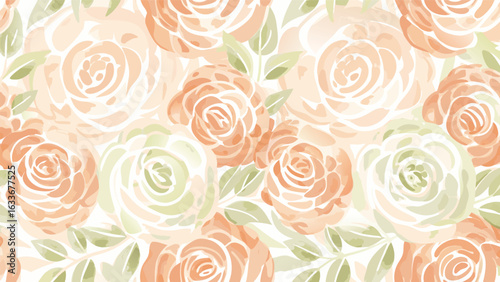 Seamless pattern of watercolor roses in peach and light green with delicate leaves scattered around them