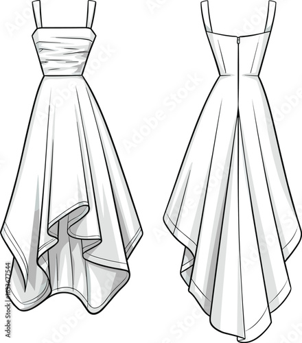 Art & IllustrationElegant high-low hem dress fashion illustration, technical sketch, white sleeveless gown, front and back view, modern evening wear design