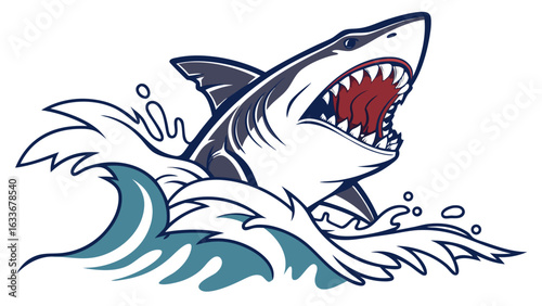 Aggressive great white shark jumping out of ocean wave vector illustration predator marine animal design