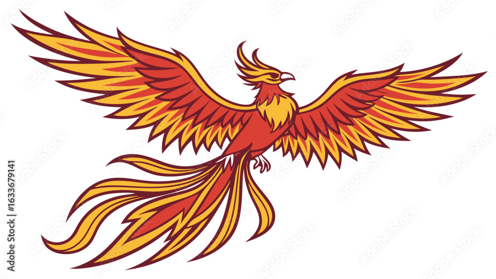 Fototapeta premium Phoenix bird illustration flying with fire wings mythical creature reborn from ashes vector design image