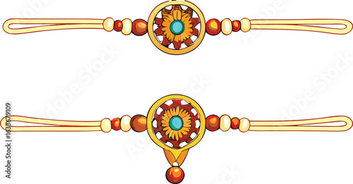 Two ornate golden rakhi bracelets with intricate designs and colorful gemstones on a white background