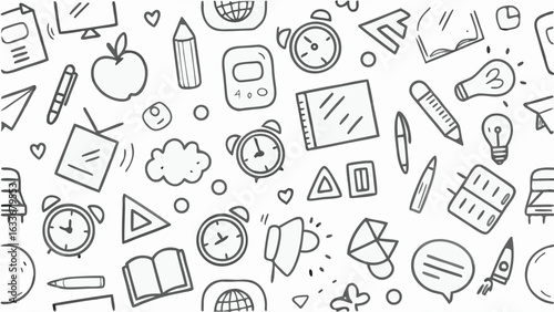 Doodle style education themed background with alarm clocks books and stationery vector illustration