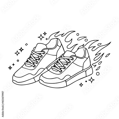 Cool sneakers vector with flames and sparkles in a dynamic black and white cartoon style

