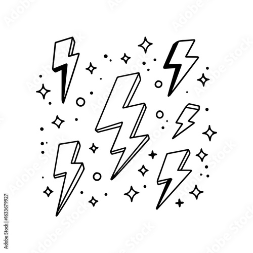 Bold lightning bolt vector set with sparkles in a dynamic black and white cartoon style
