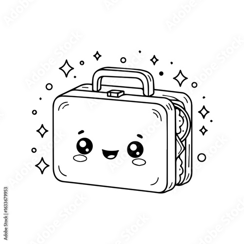 Cute lunchbox vector with smiling face, sandwich inside, and sparkles in a playful black and white cartoon style
