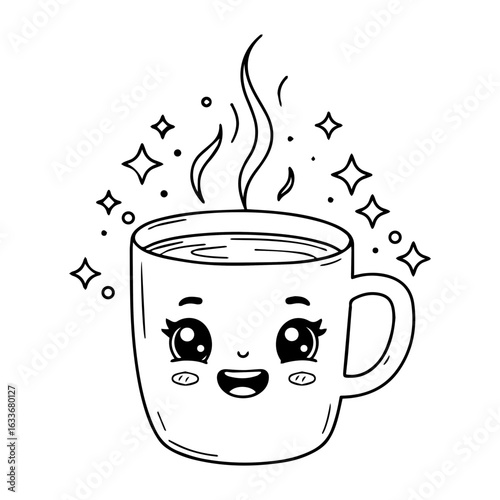 Smiling coffee mug vector with steam and sparkles in a cute, cheerful black and white cartoon style
