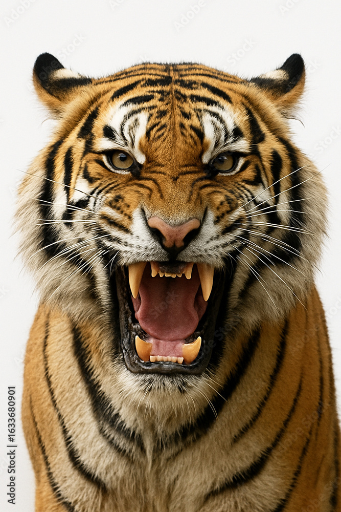 Obraz premium Tigre rugindo com dentes à mostra isolado em fundo branco