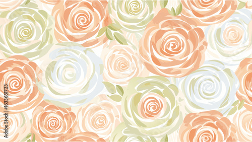Watercolor floral pattern featuring peach white and green roses with delicate leaves scattered throughout