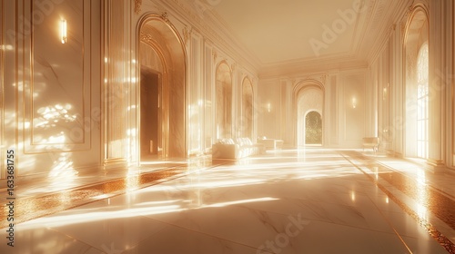 Luxurious Bright Elegant Grand Ballroom with Large Windows and Ornate Details