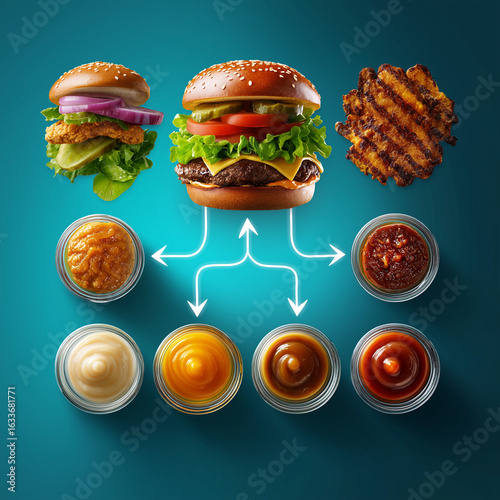 Wallpaper Mural Künstlerisch inszenierte Burger-Komposition mit verschiedenen Saucen auf türkisfarbenem Hintergrund Torontodigital.ca