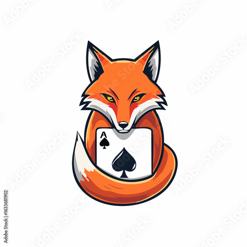 A stylized illustration of a fox holding the Ace of Spades playing card with a sly and cunning expression. This design is perfect for a brand mascot, logo, or emblem
