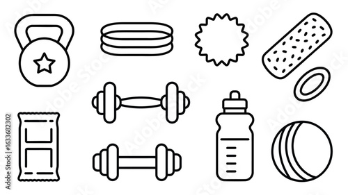 Minimalist line art icons of fitness gear on a white background workout exercise