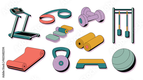 Collection of vibrant fitness gear laid out on a white background treadmill dumbbells