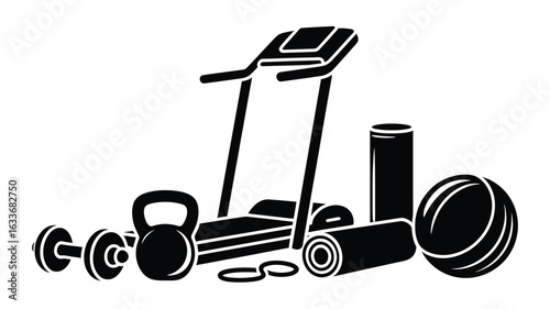 Black and white icons of fitness equipment arranged together exercise workout