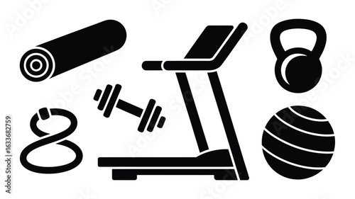 Black and white silhouette icons of gym equipment and workout accessories fitness