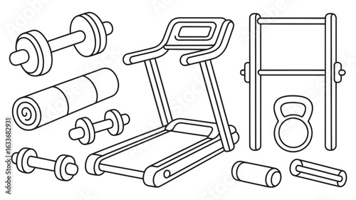Set of outline icons for gym and fitness equipment treadmill dumbbells