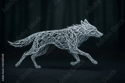 Intricate wire sculpture of a running wolf