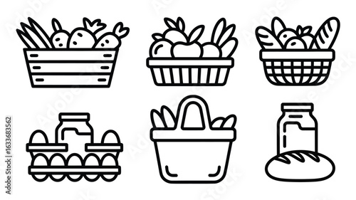 Six simple line art icons of food items in containers grocery shopping