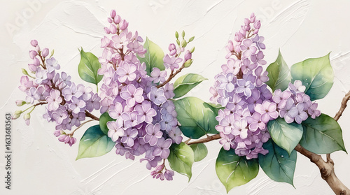 floral watercolor composition of lilac blossoms with lush green foliage soft background floral botanical illustration for spring card design template
