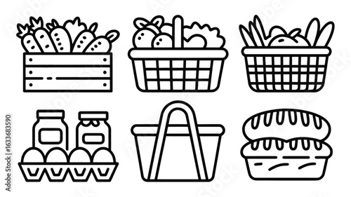 Six simple line art icons of food items in containers grocery shopping