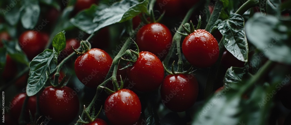 Obraz premium A close-up of ripe, red tomatoes growing on a vine.
