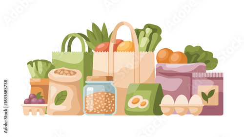 Assortment of healthy groceries in reusable bags and containers healthy food organic