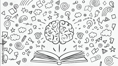 Open book with brain above it surrounded by doodles of shapes and symbols in black and white style