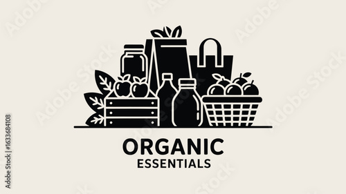 Black and white logo with organic essentials text and produce icons illustration graphic