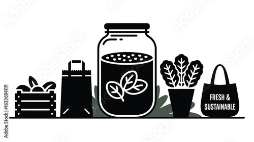 Black and white illustration of fresh produce and grocery bags with text sustainable