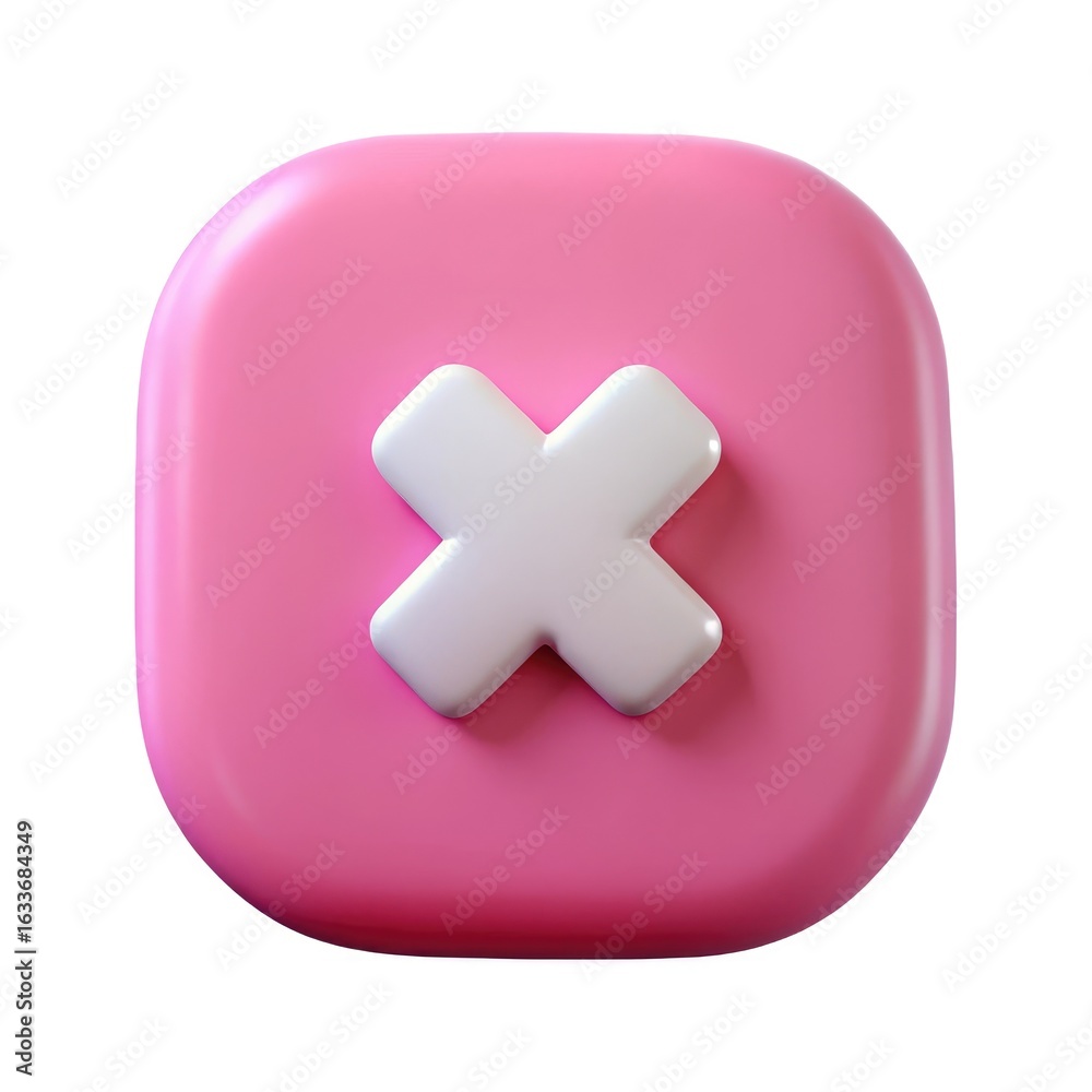 Obraz premium 3d pink square with rounded corners and a white cross symbol isolated on white background