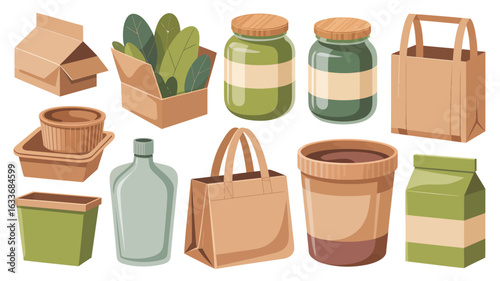 Collection of various eco friendly food packaging and containers jars boxes