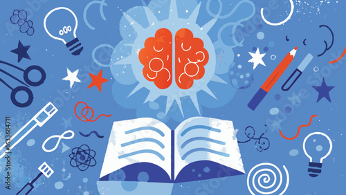Open book with brain illustration surrounded by creative and scientific elements on blue background