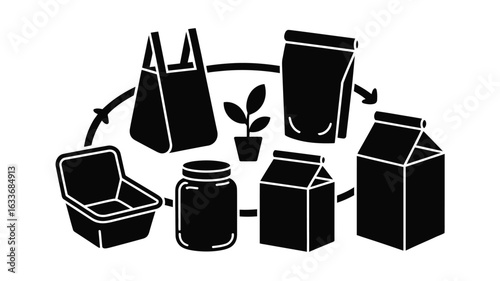 Black and white illustration of reusable packaging and plant in cycle reusable bag