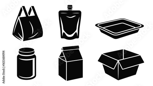 Black silhouette icons of various packaging and container types reusable bag pouch