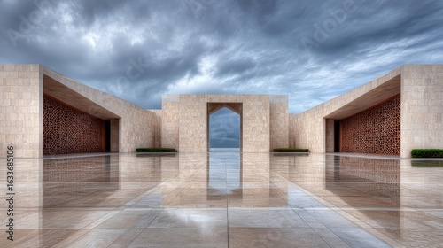 Modern Architecture, Plaza, Reflection, Cloudy Sky, Geometric Design, Stone, Symmetry, Minimalist, Wet, Open Space