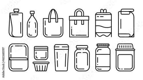 Collection of outline icons for food packaging and containers bottle