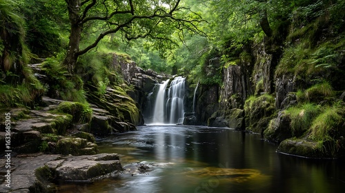 Long exposure style image of a waterfall flowing smoothly down rocky cliffs, surrounded by emerald green trees, soft diffused light