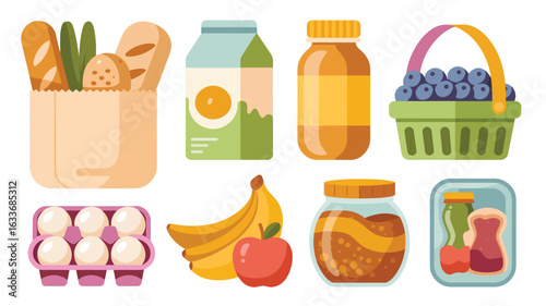 Assortment of groceries including bread, milk, eggs, fruit, and jam grocery bag baguette
