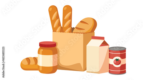 Grocery bag with bread, peanut butter, milk carton, and canned food baguette roll