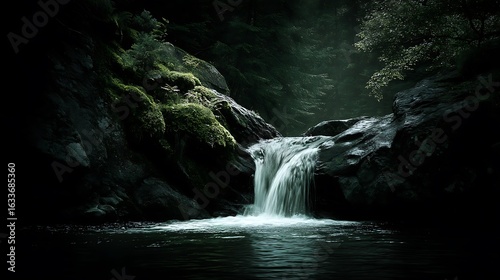 Minimalist composition focusing on a single stream of waterfall against a backdrop of deep green forest, serene and elegant