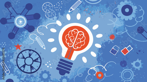 Illustration of a lightbulb with a brain inside surrounded by creative elements on blue background