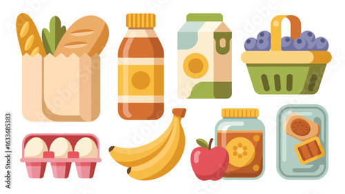 Assortment of groceries including bread, juice, milk, eggs, fruit, and jam grocery bag